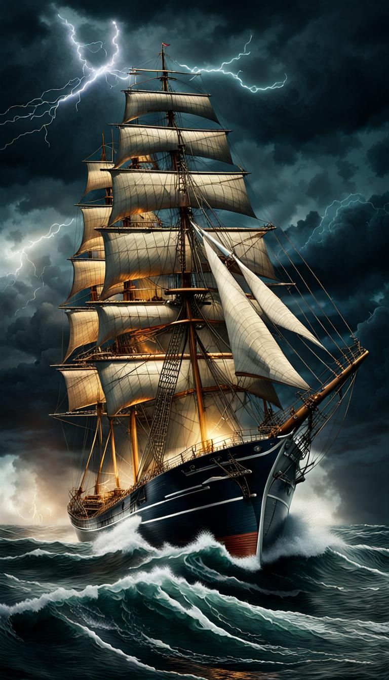 Clipper Ship Navigating Storm with Saint Elmo's Fire