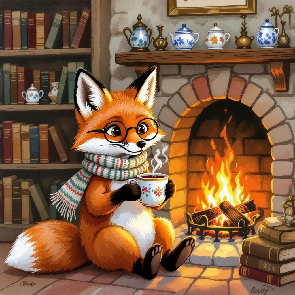 Cozy Fox Reading by Fireplace in Gouache Style