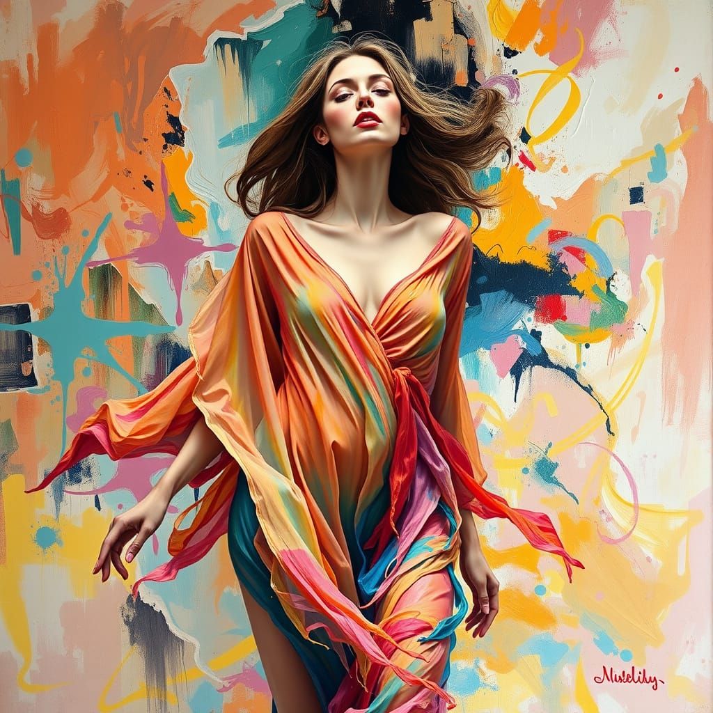 Expressive Oil Painting of Woman in Swirling Colors