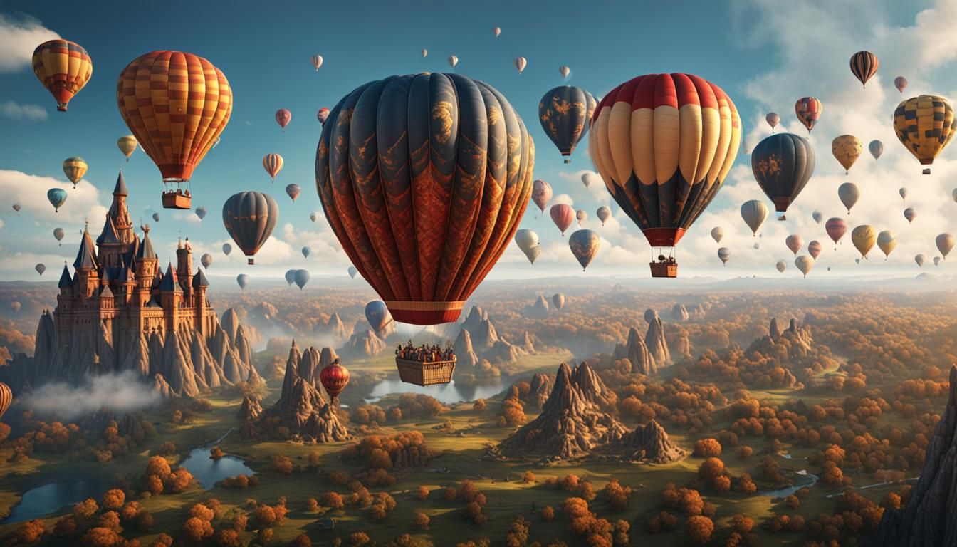 Fantastical Hot Air Balloons Ascend: Detailed Matte Painting