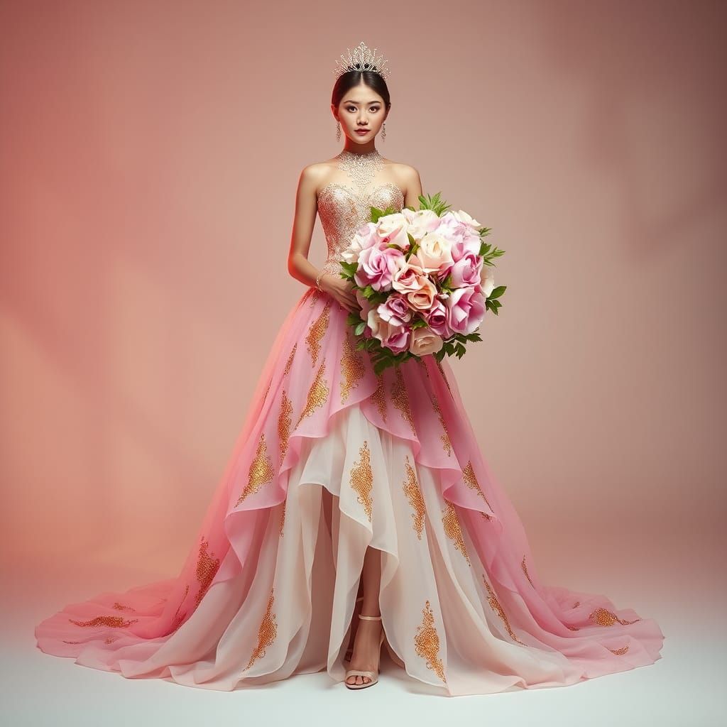 Woman in Pink Gown with Flower Bouquet