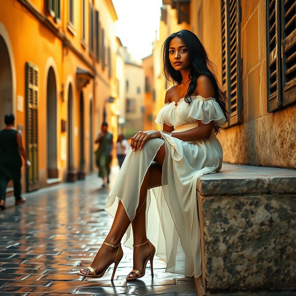 Tamil Woman in White Dress on European Street