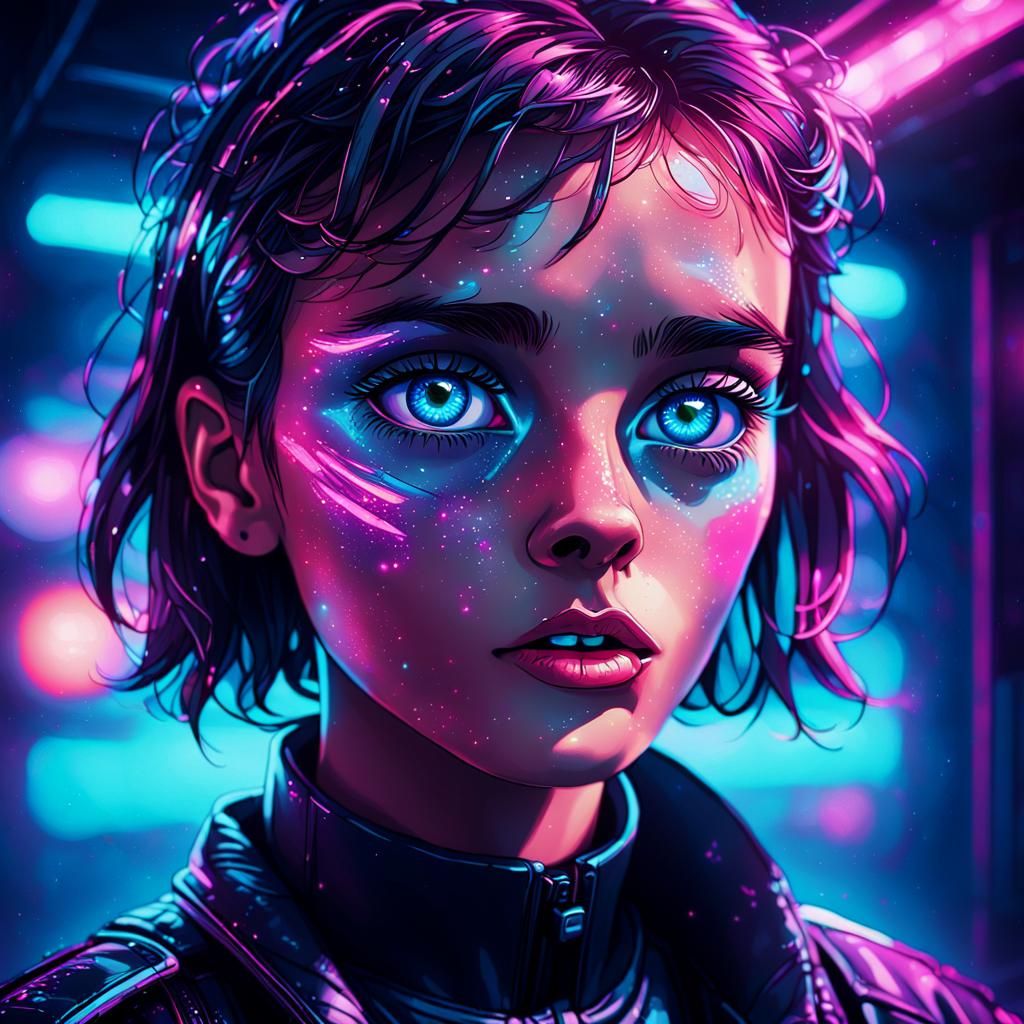 Glowing Neon Eyes in a Retro Futuristic Scene