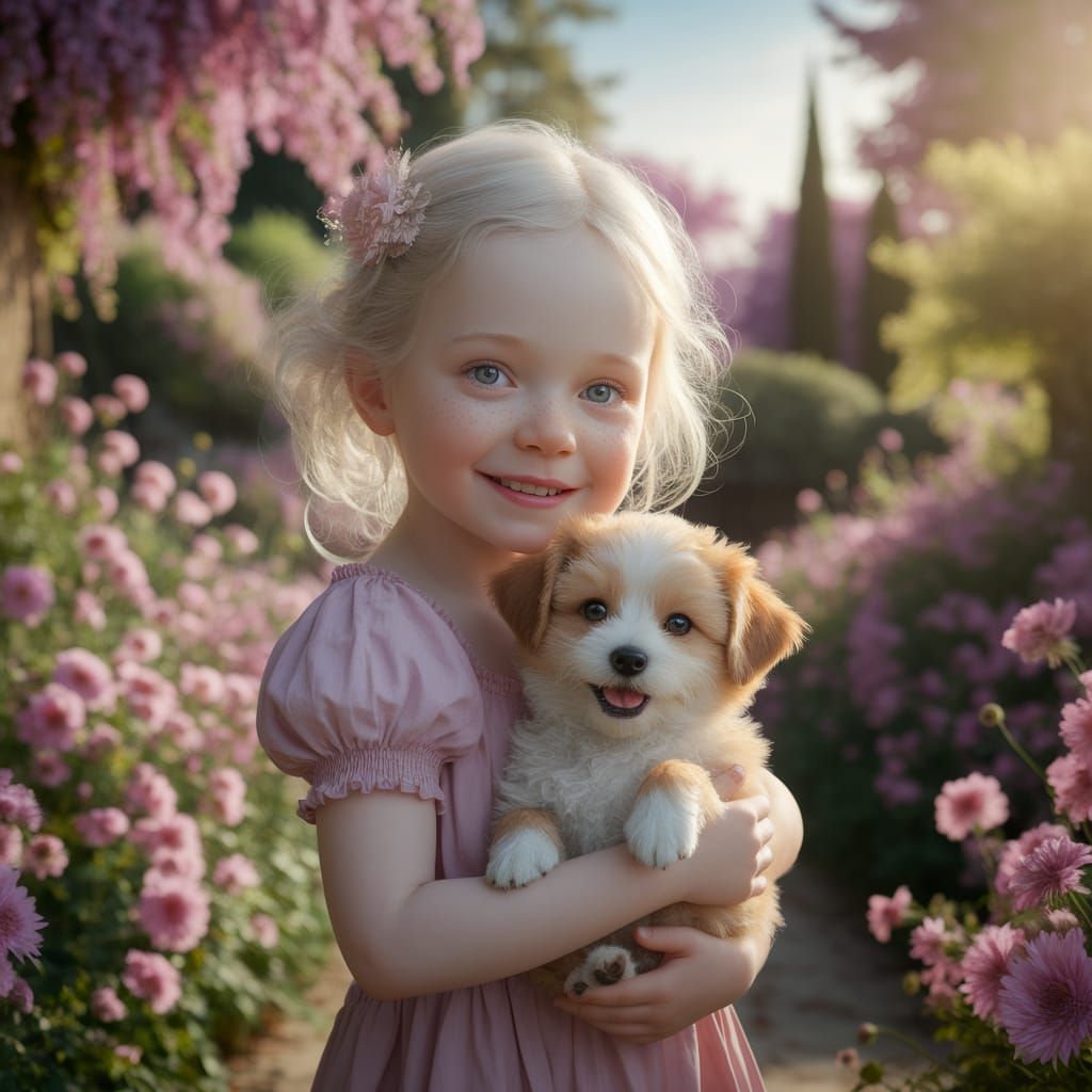 Joyful Girl and Golden Puppy in a Whimsical Garden
