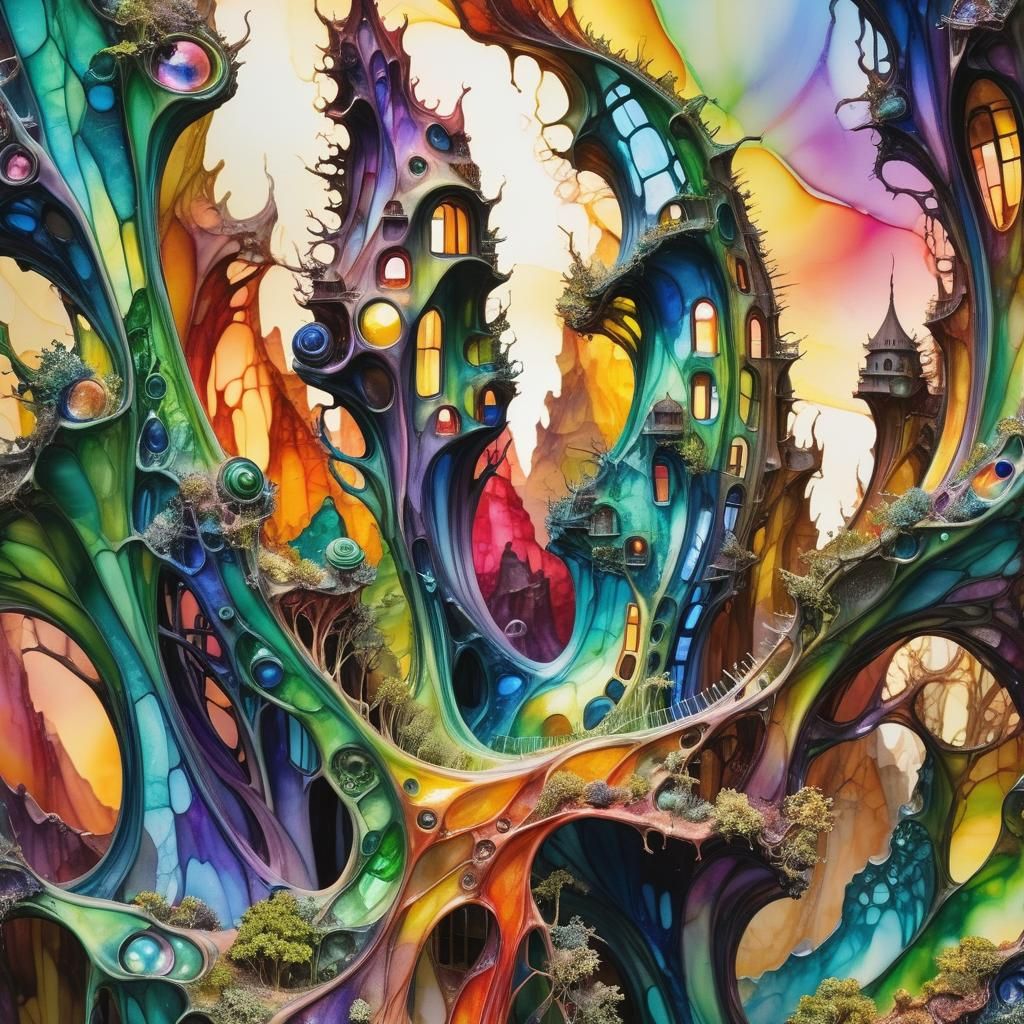 Opalescent Cliff City in Alcohol Ink Style