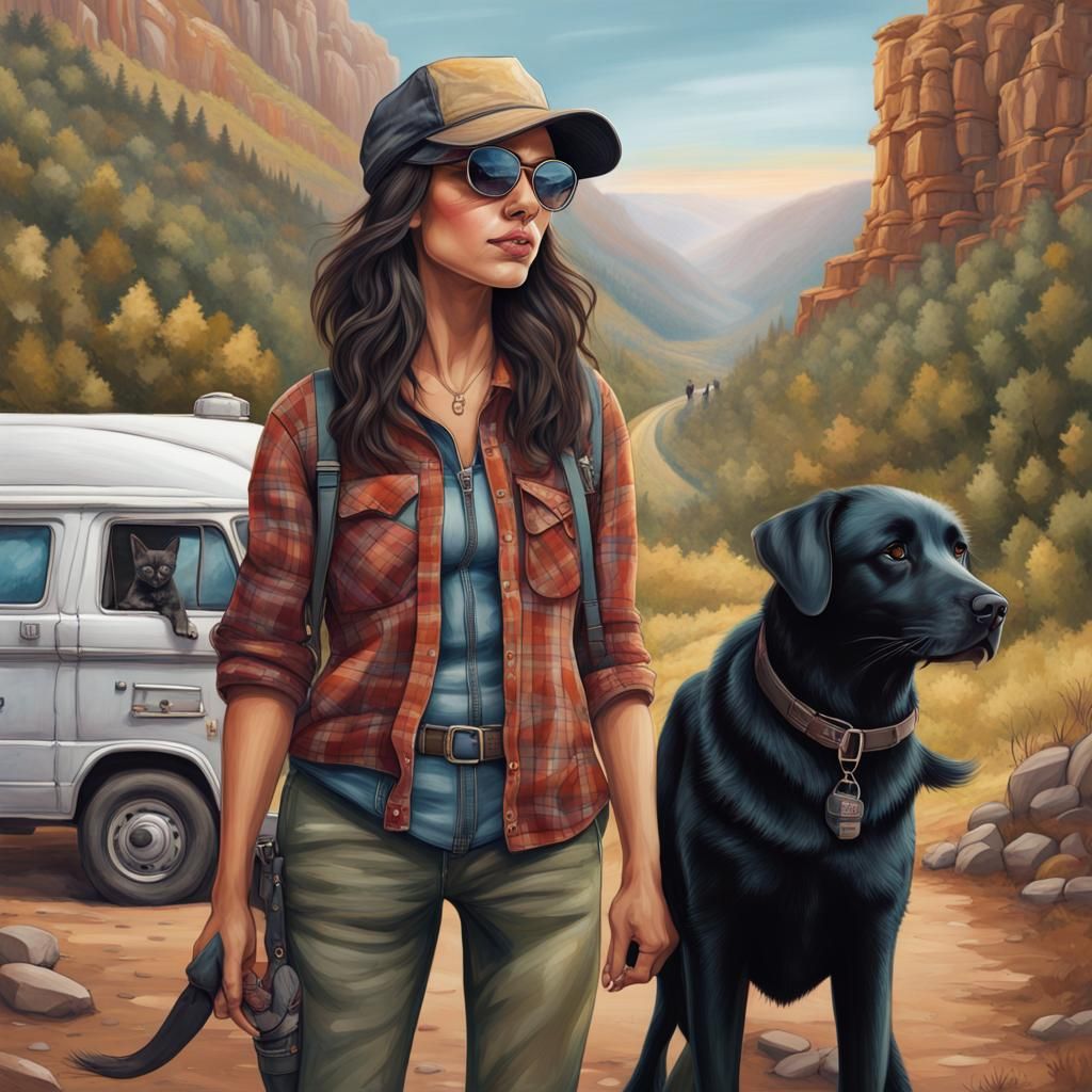 Hyperrealistic Portrait of Hiker With Pets