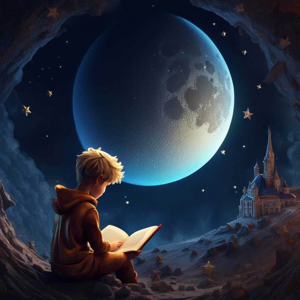Boy Reading on Crescent Moon: Detailed Matte Painting