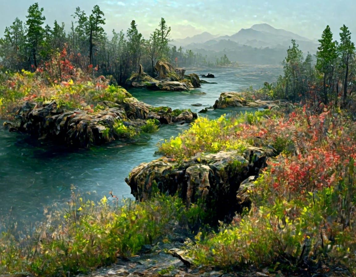 Colorful Landscape Vista in Neo-Impressionist Style