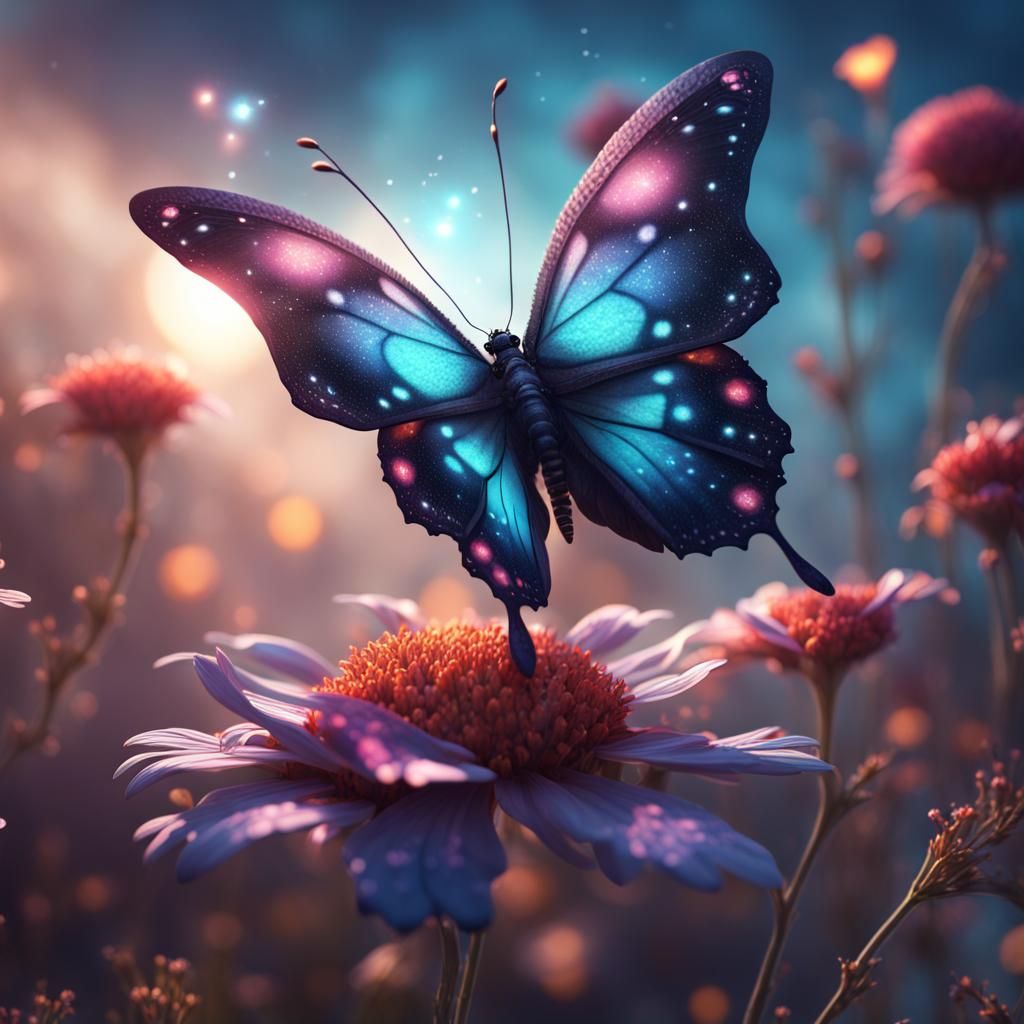 Galaxy Butterfly on Flower, Detailed Matte Painting