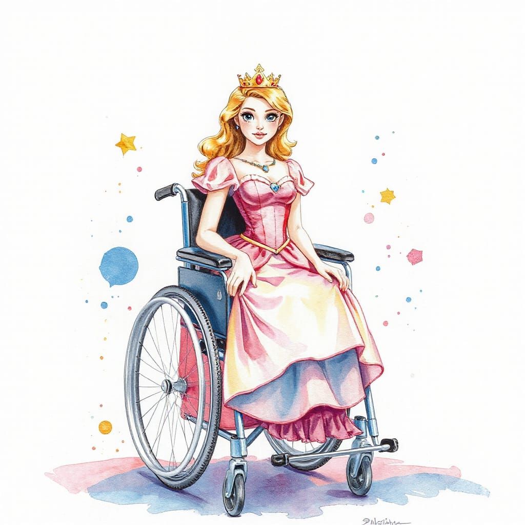 Impressionist Princess in Wheelchair, Watercolor Art