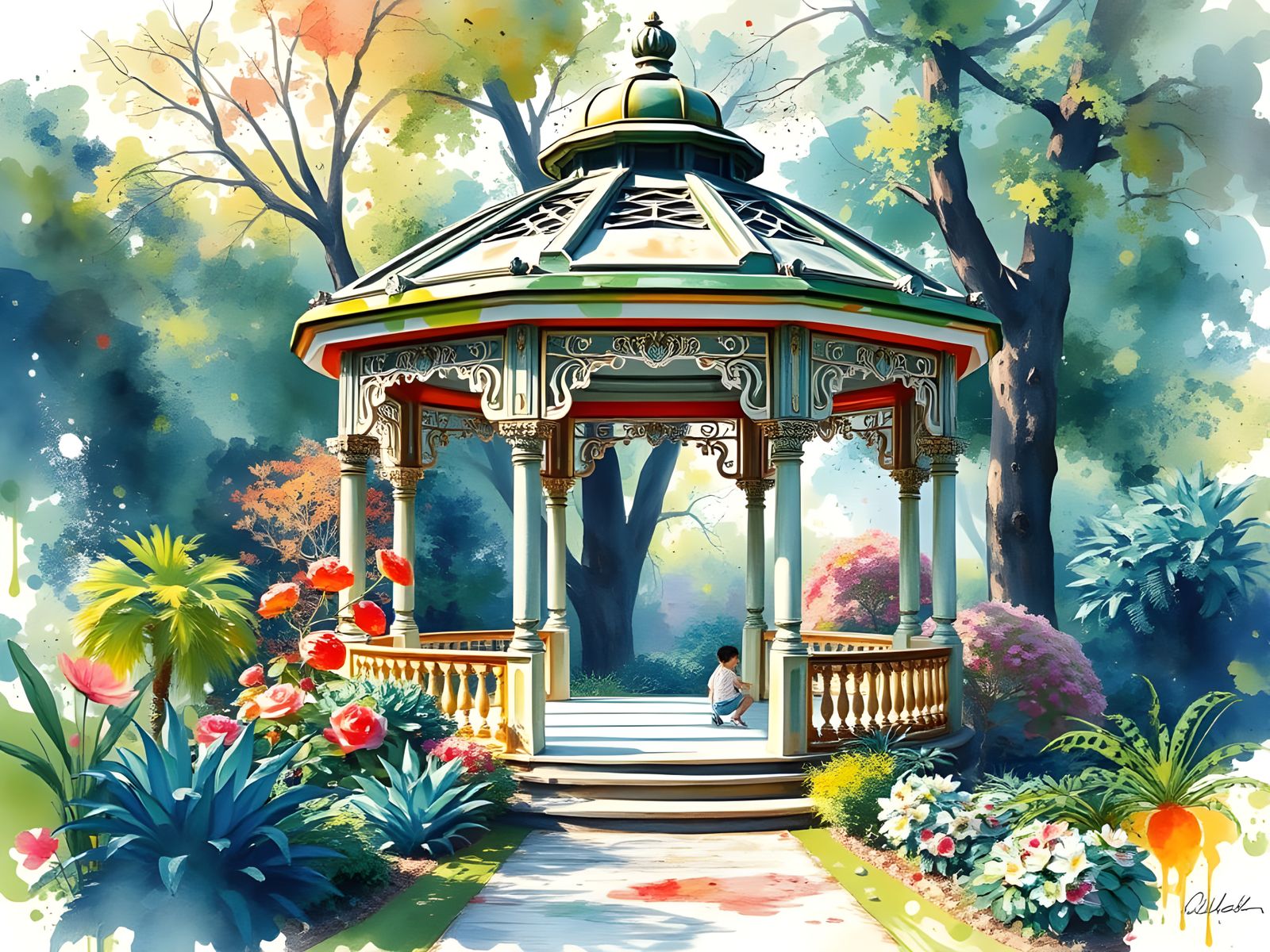 Baroque Gazebo in Whimsical Watercolor Landscapes