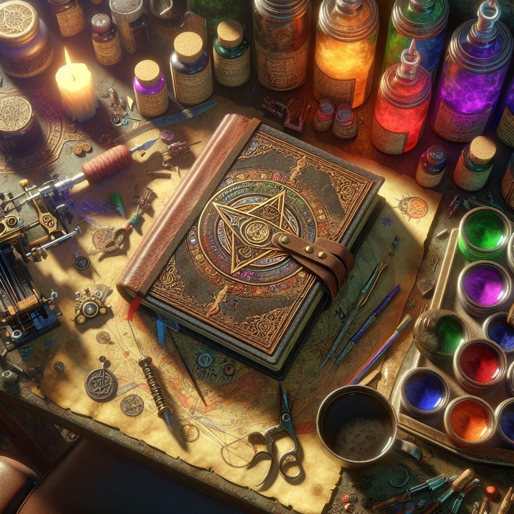 Tattoo Artist's Desk with Kabbalistic Book in Digital Art