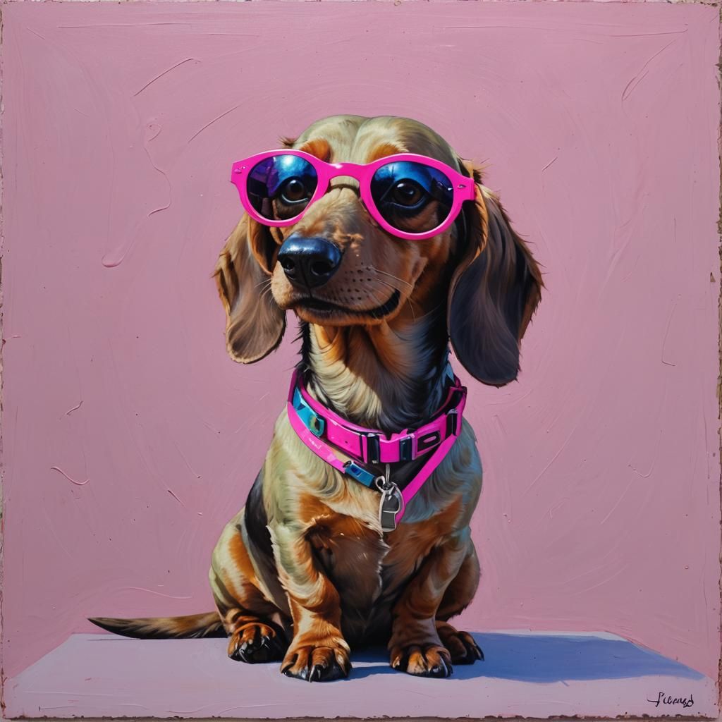 A dachshund wearing pink neon budgie sunglasses