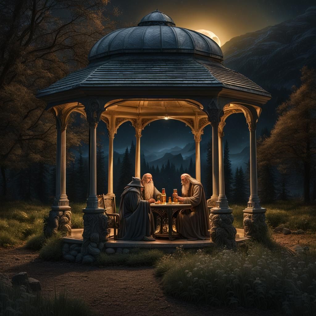 Gandalf, Saruman, and Gollum Drinking Beer in Rivendell