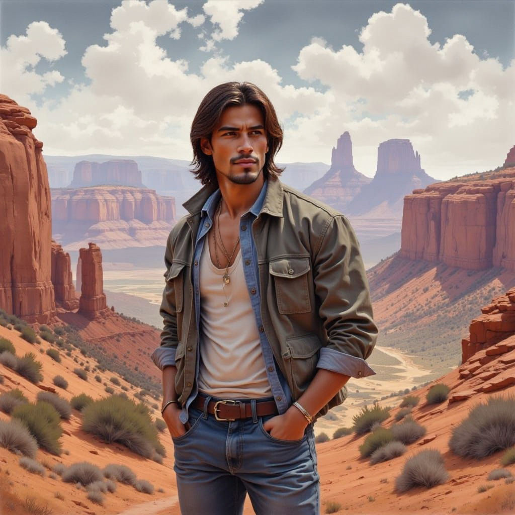 Man Overlooking New Mexico Arches in Hyperreal Style