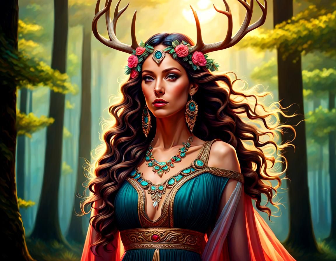 Hyperrealistic Deer Goddess in a Colorful Forest