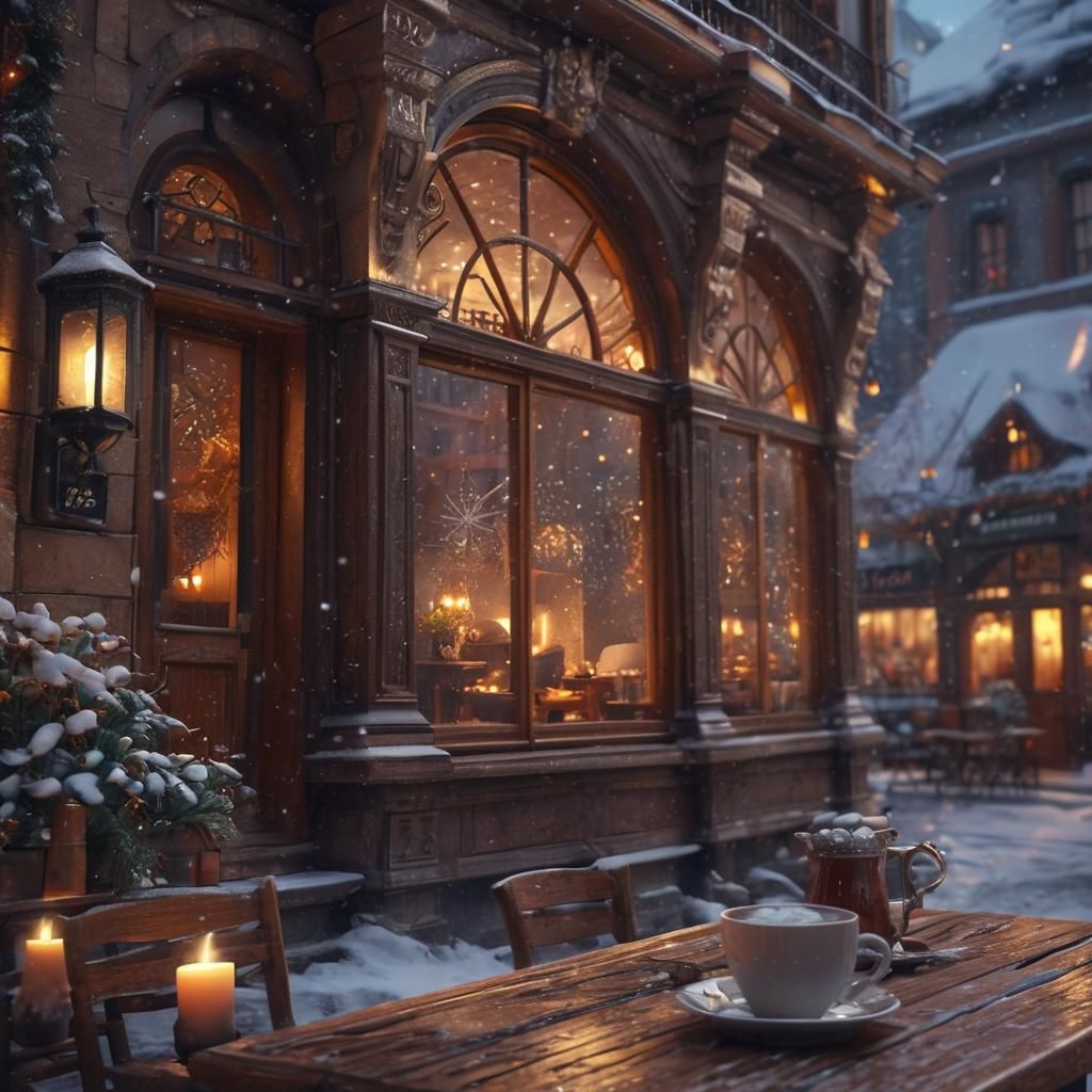 Cozy Cafe in Snowy Village: Digital Matte Painting