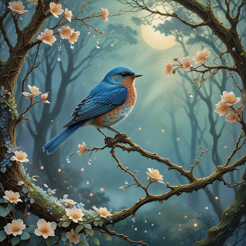 Whimsical Nightingale in Ethereal Glowing Landscape