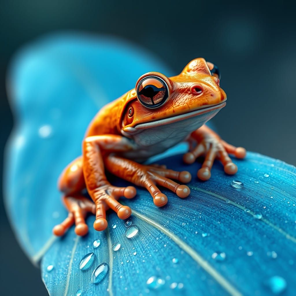 Surreal Hyperrealistic Frog Perched on Iridescent Blue Leaf
