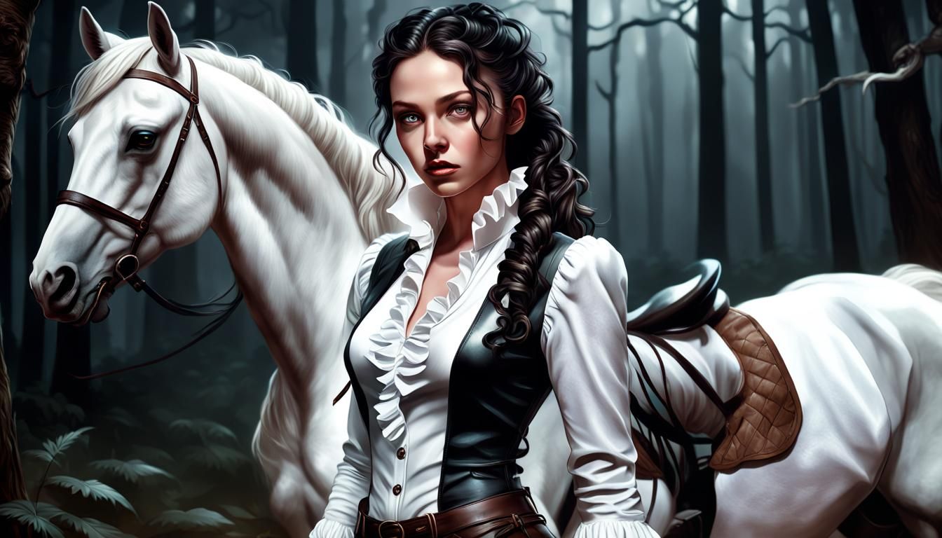 Woman and White Horse in Dark Forest