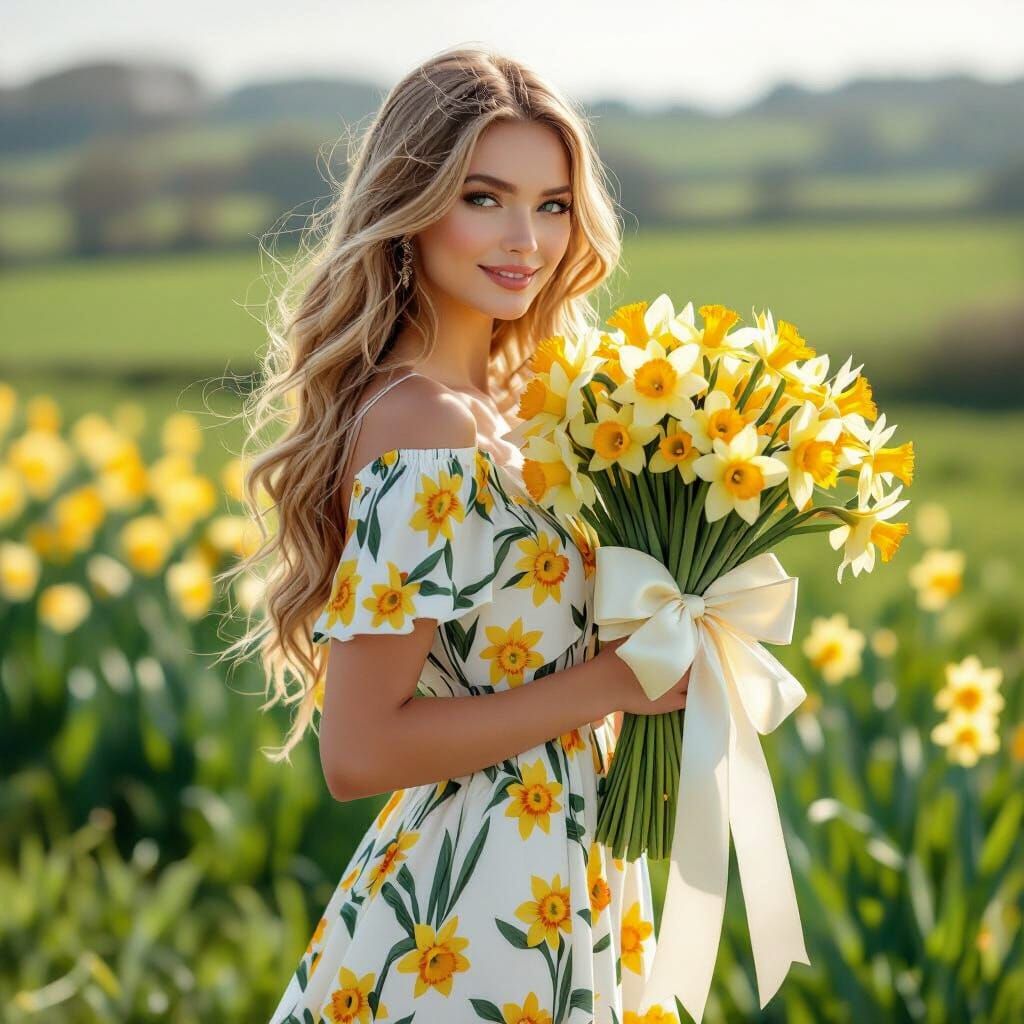 Woman with Daffodils in Art Nouveau Style