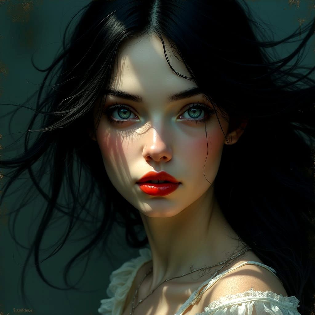 Fey Woman With Intense Gaze and Flowing Black Hair