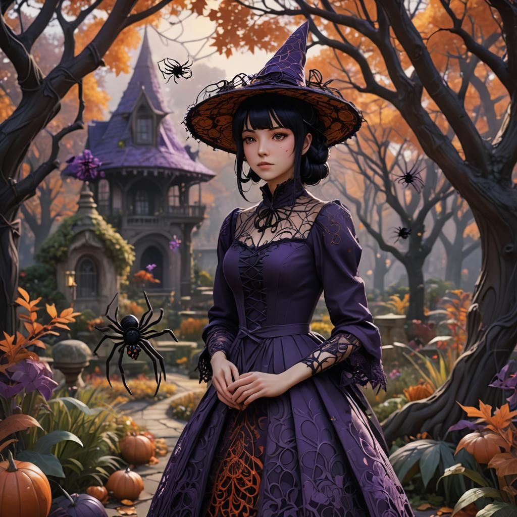 Anime Woman in Autumn Garden with Spider
