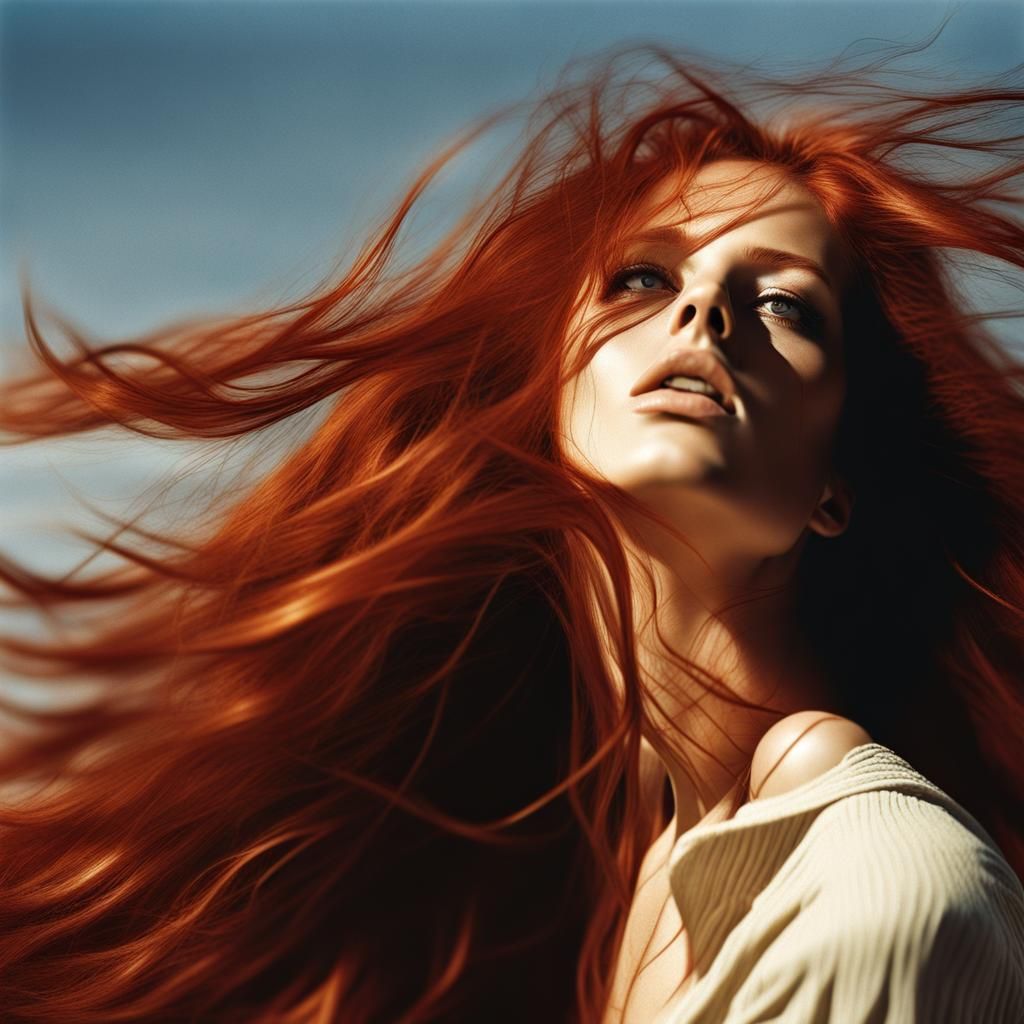 1970s Woman with Flowing Red Hair