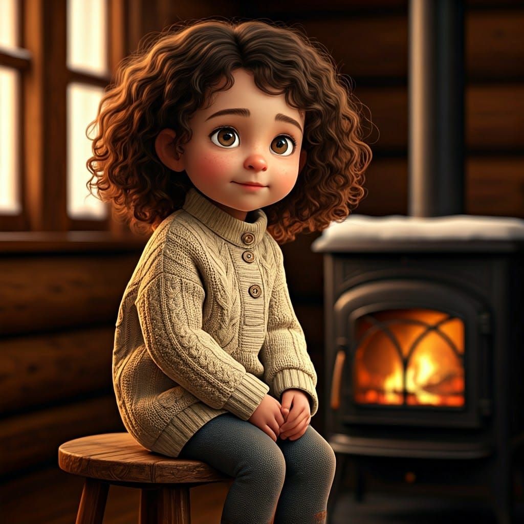 Cozy Winter Scene of a Young Girl by the Wood Stove