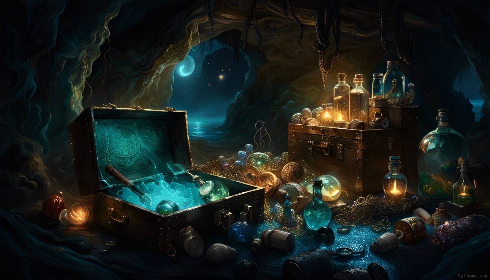 Bioluminescent Pirate Cave With Treasure: Digital Art