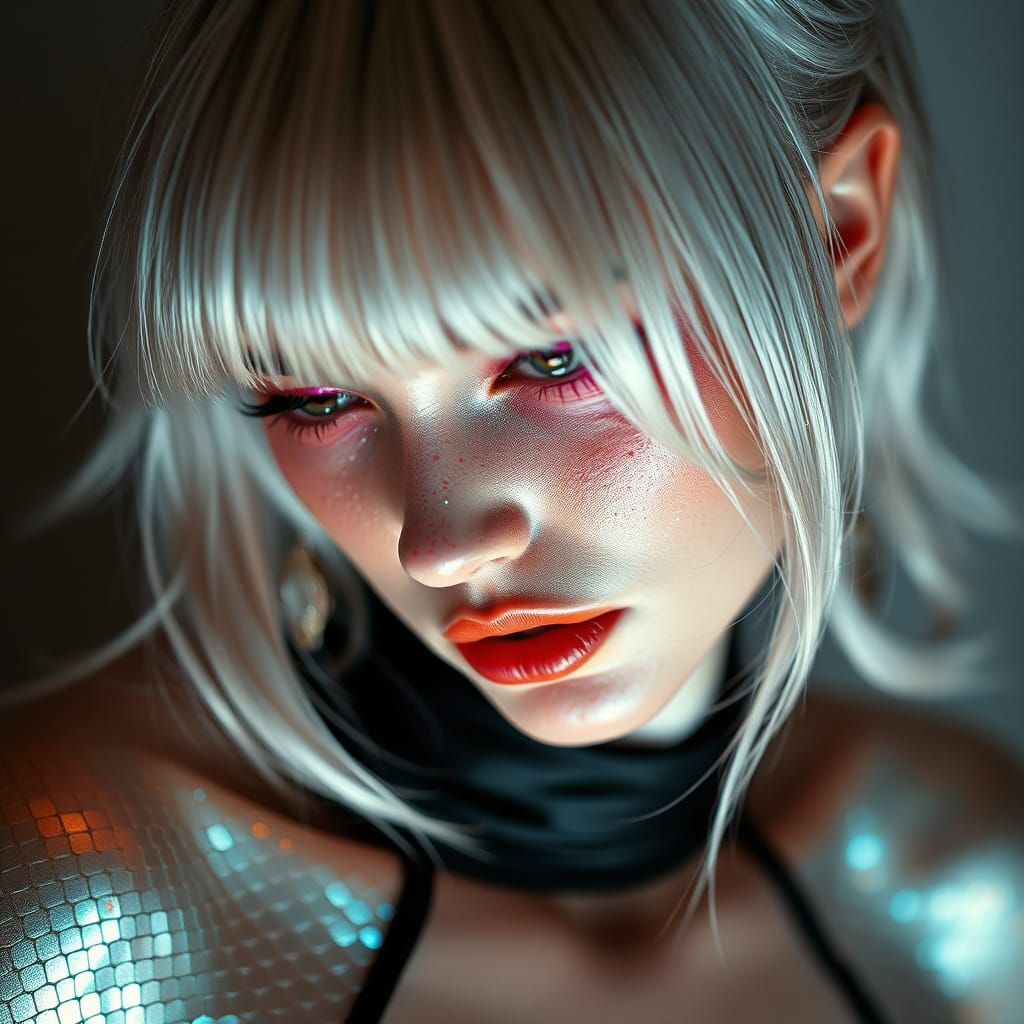 Stunning Silver-Haired Pinup Model in Iridescent Scales and ...