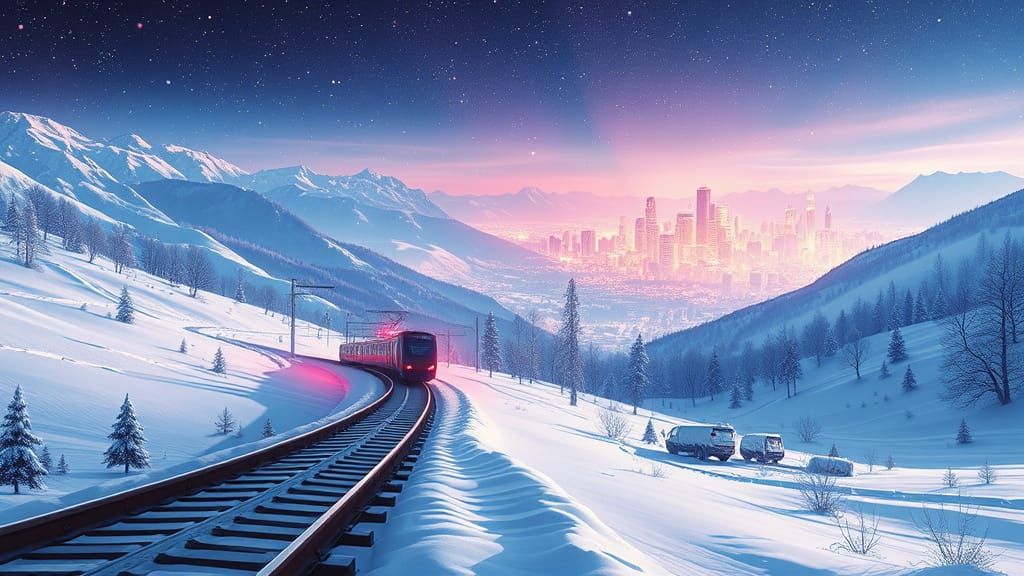 Winter Train to Cyberpunk Cityscape at Night