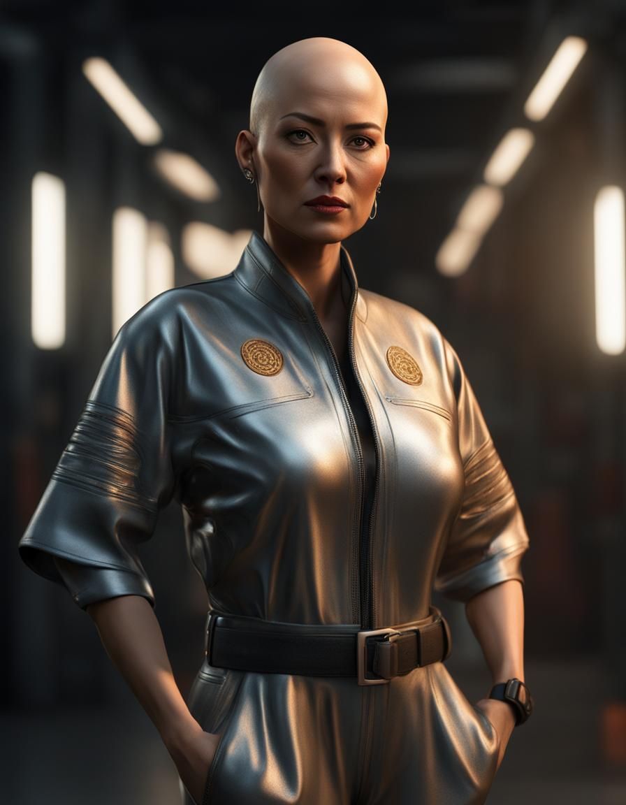 Bald mexican woman wearing equipment-covered jumpsuit photor...