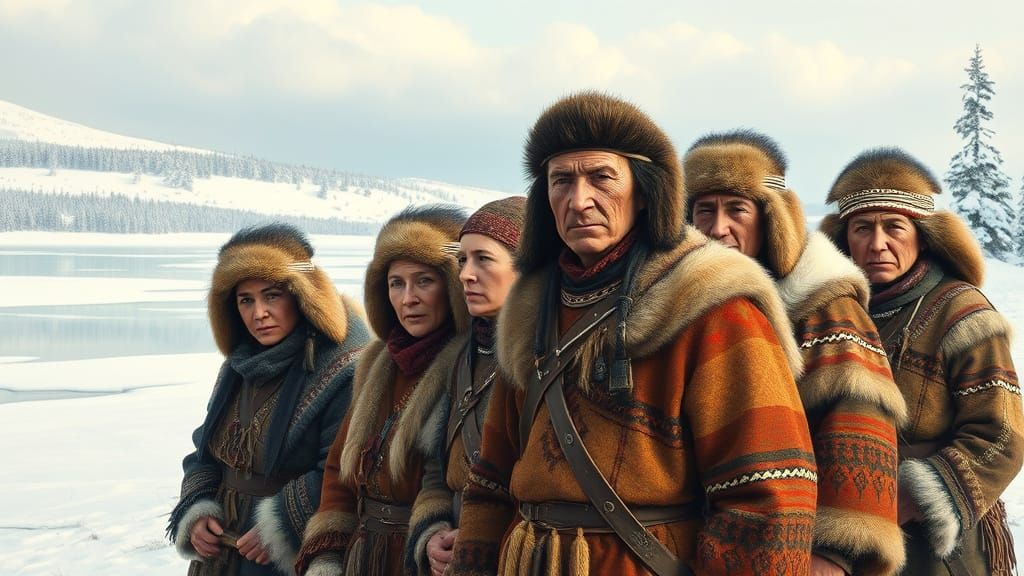 Sami Tribespeople in Winter Landscape, Inspired by Realist A...