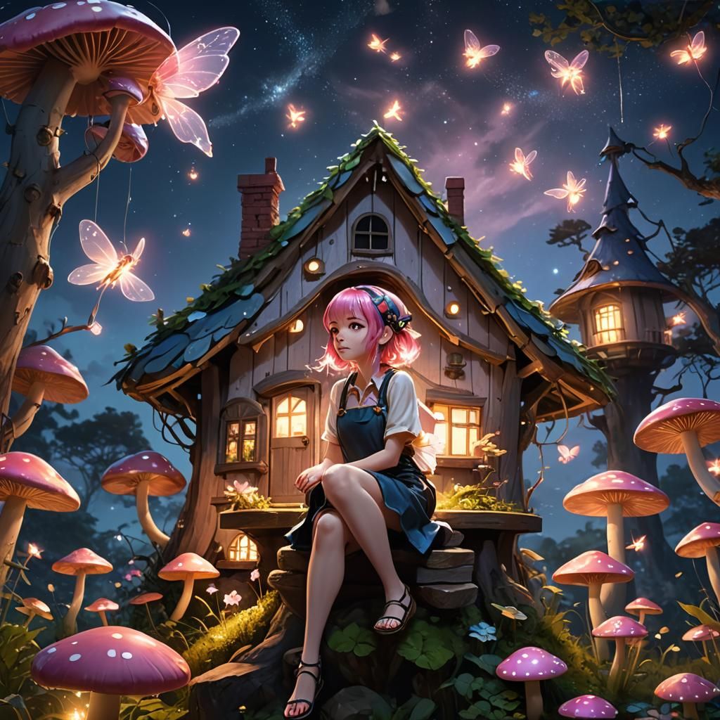 Anime Fairy on Mushroom House at Night