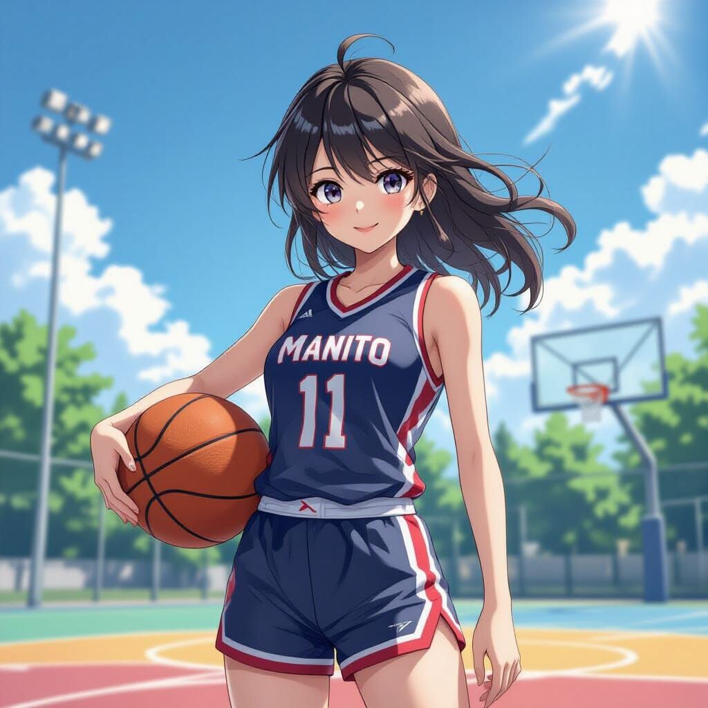 Anime Girl in Basketball Jersey on Outdoor Court