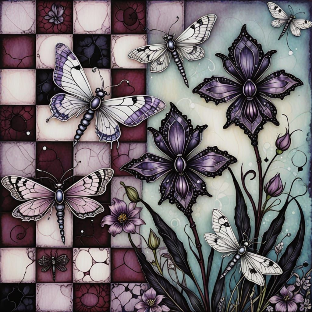Gothic Whimsy Collage, maroon & pale mauve checkerboard patt...