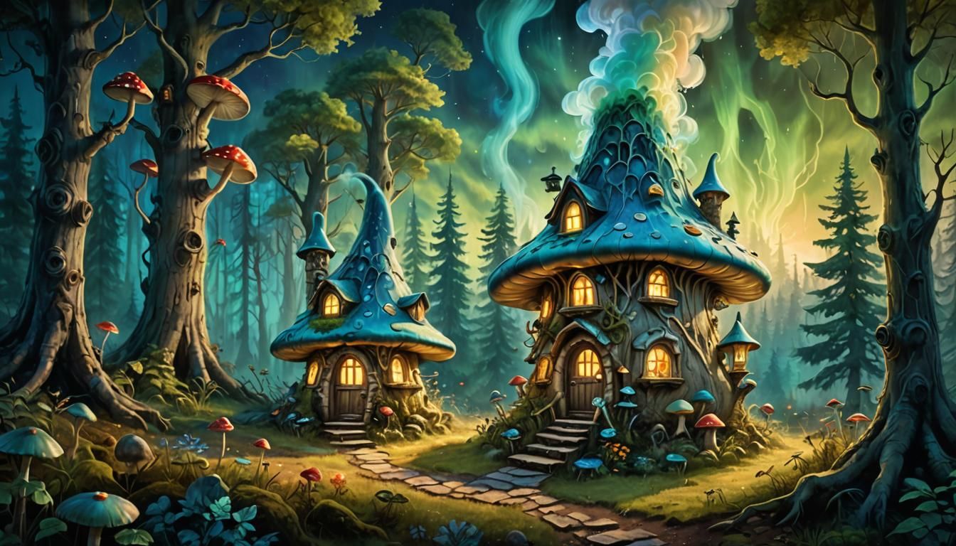 Gnome Mushroom House in Aurora-Lit Forest