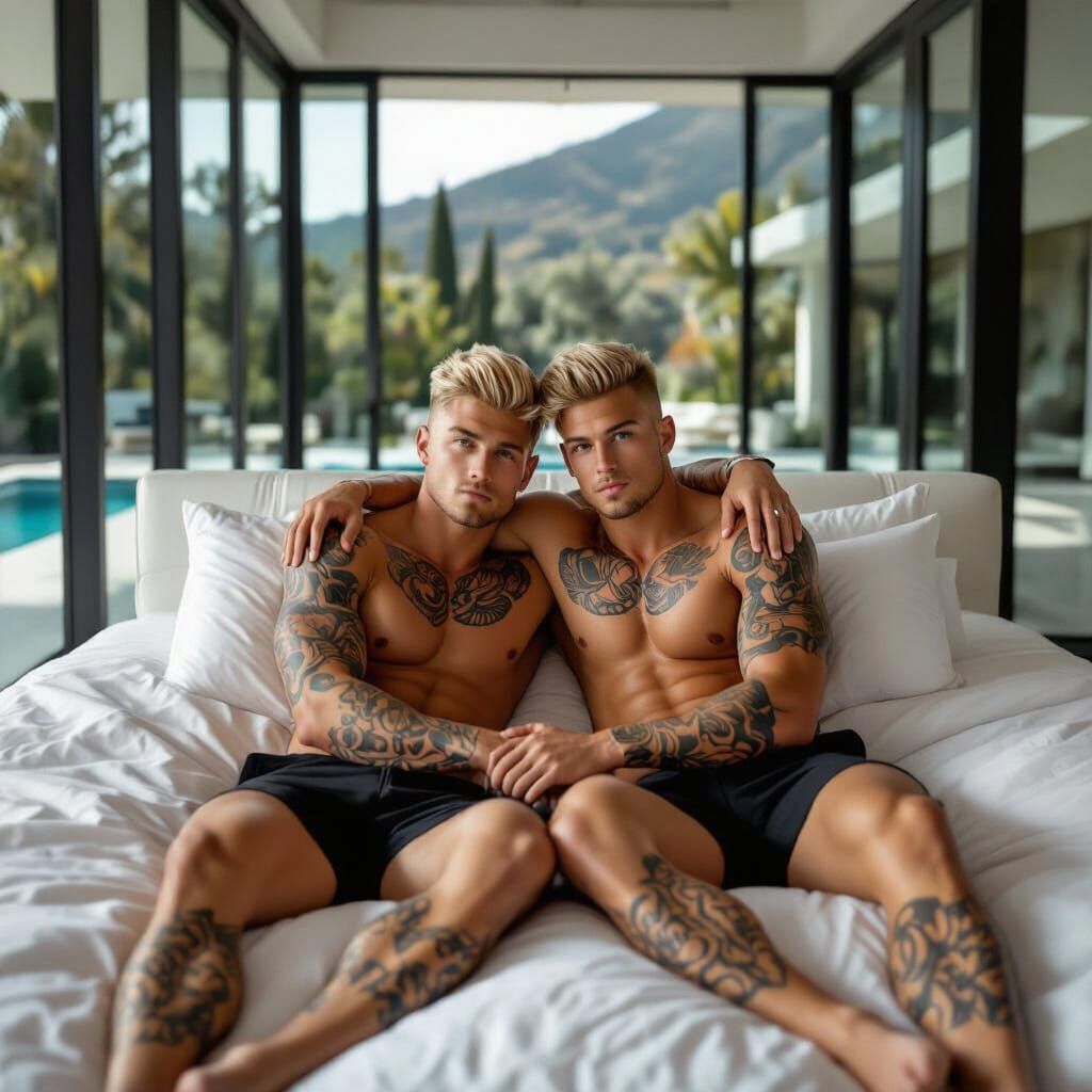 Twin Bodybuilders Share Intimate Moment in Luxury Mansion