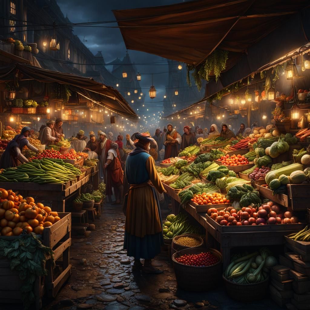 Night Vegetable Market: Detailed Matte Painting