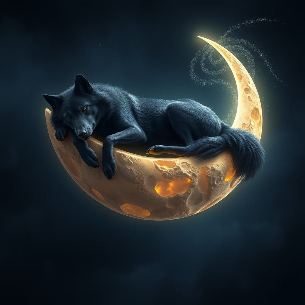 Ultra-Realistic Dark Wolf Basks in Celestial Glow