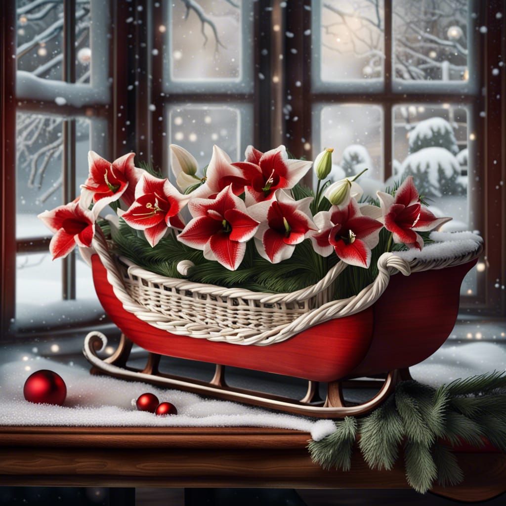 Christmas Amaryllis in Sleigh Basket by Snowy Window