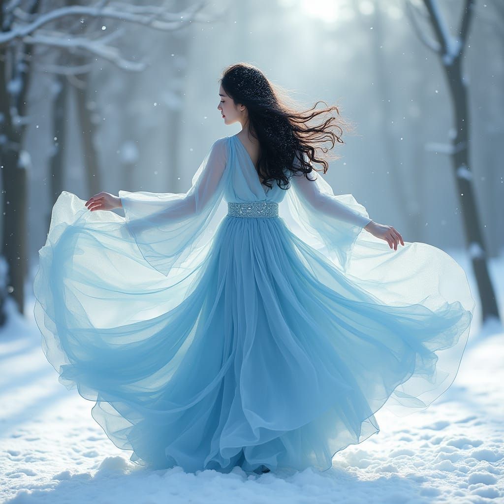 Elegant Chinese Woman in Snowy Winter Landscape