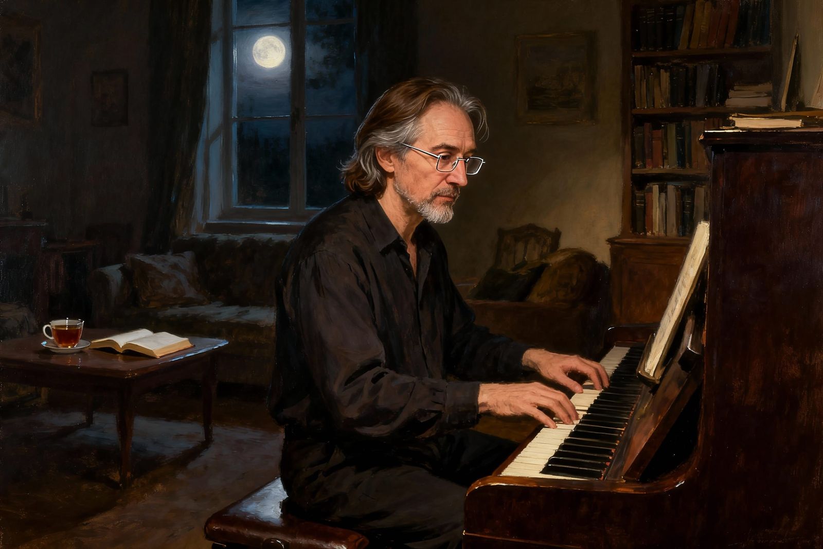 Man Playing Piano in Moonlight