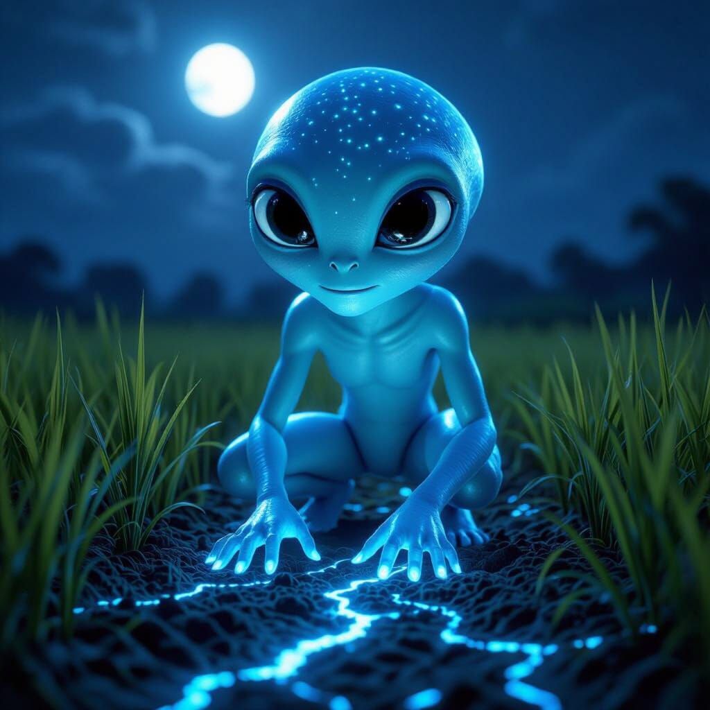 Glowing Alien Kneels in Moonlit Rice Field, Pixar Style
