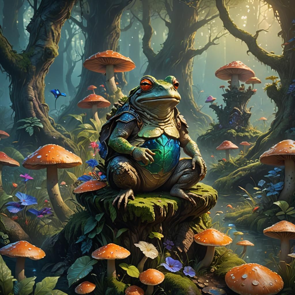 Fantasy Toad Man on Mushroom Throne in Forest