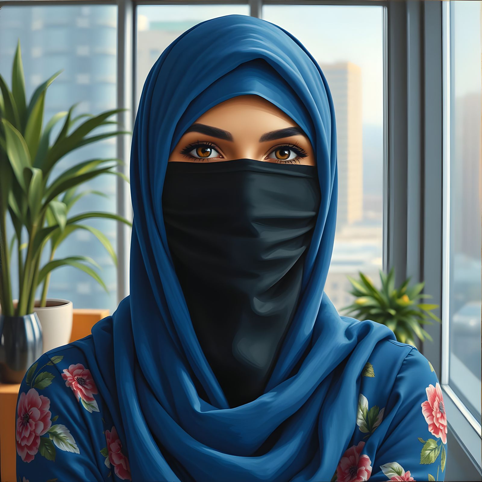 Hijabi Woman in Flowered Abaya, Hyperrealistic Oil Painting