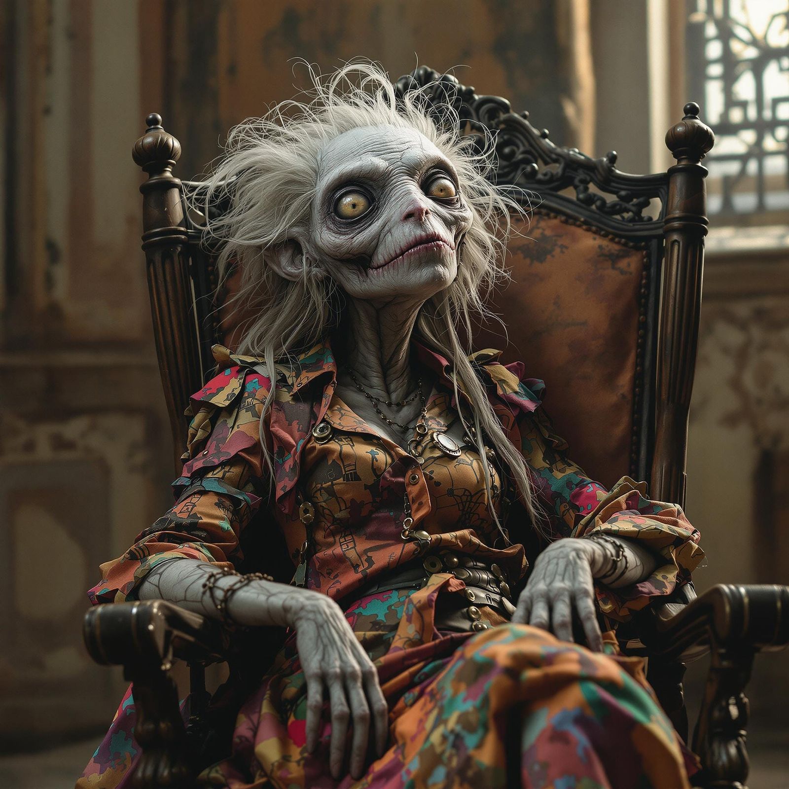 Surreal Alien Goddess in Futuristic, Ornate Rocking Chair