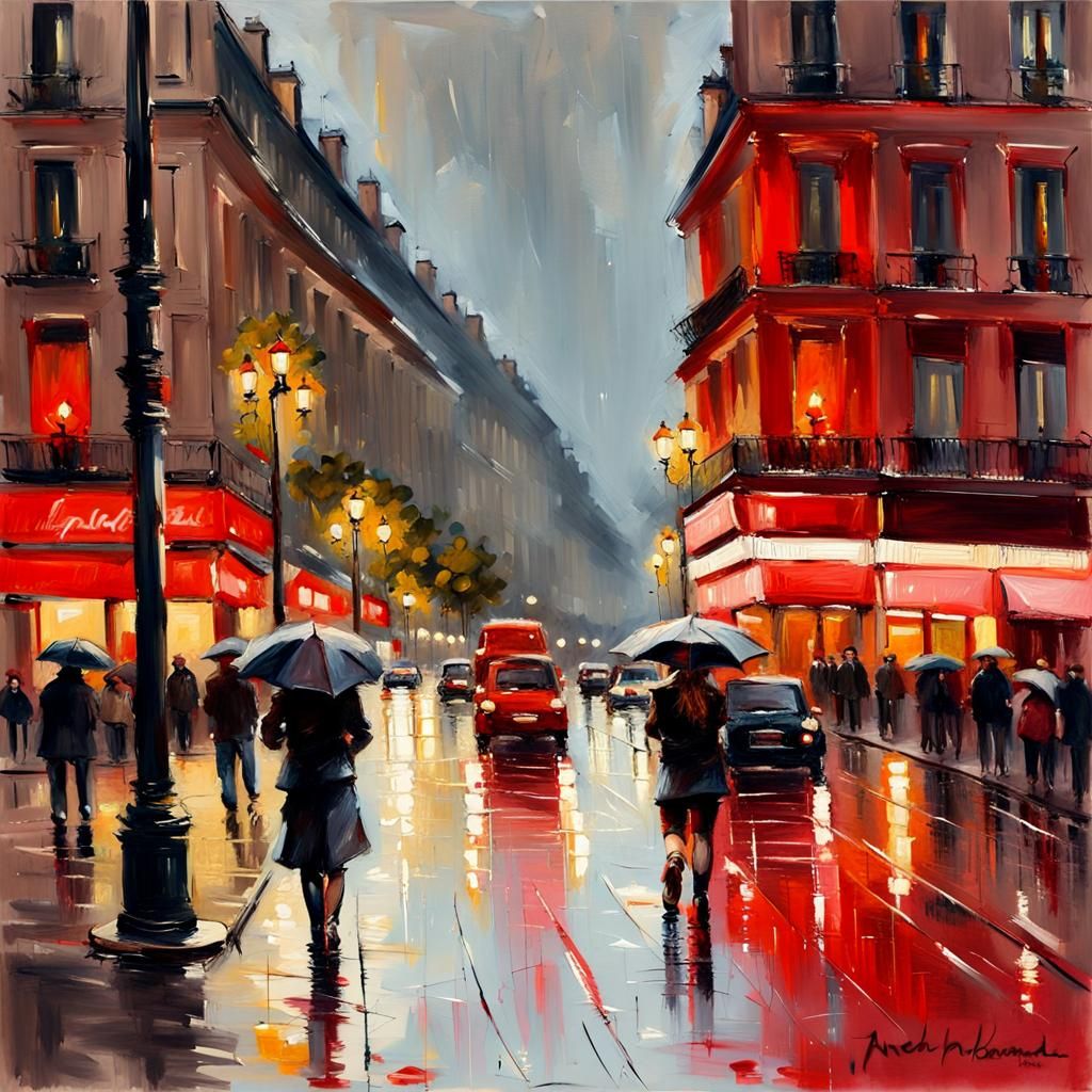 Rainy Paris Street Scene in Gouache Style