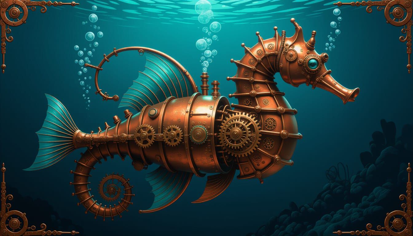 Realistic Steampunk Seahorse with Copper and Gears